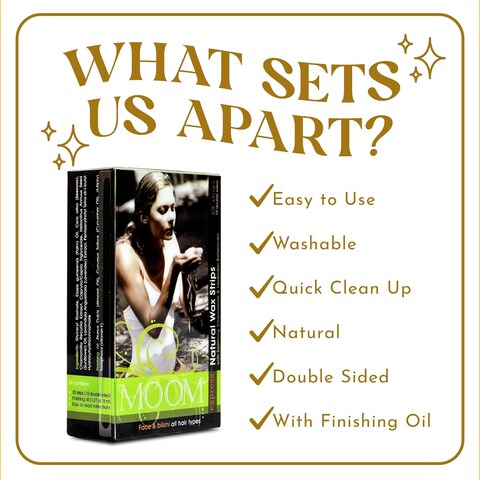 MOOM Express Wax Strips with Chamomile &amp; Lavender, Hair Removal Kit with Finishing Oil - Wax Strips for Face, Bikini Zone &amp; Brazilian, Perfect For Travel - 1 Pack of 10 Double-Sided Strips, 20 count