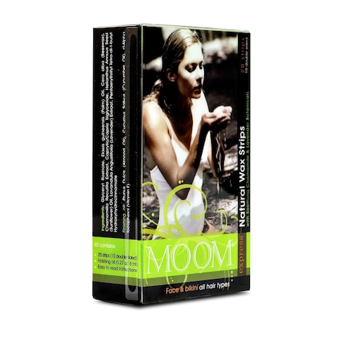 MOOM Express Wax Strips with Chamomile &amp; Lavender, Hair Removal Kit with Finishing Oil - Wax Strips for Face, Bikini Zone &amp; Brazilian, Perfect For Travel - 1 Pack of 10 Double-Sided Strips, 20 count