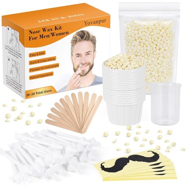 120g Nose Wax Kit for Men Women, Yovanpur Nose Hair Waxing Kit with More Nose Hair Wax Beads (20-30 USES), 30 Applicator, 15 Mustache Protector, 15 Paper Cups, 1 Measuring Cup - Easy and Quick