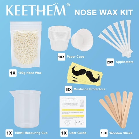 Nose Wax Kit for Men and Women - Instant Hair Removal, 100g Hard Wax, 20 Applicators, 10 Mustache Guards, and 10 Paper Cups - Painless, Safe, 20 times usage count - White Applicators
