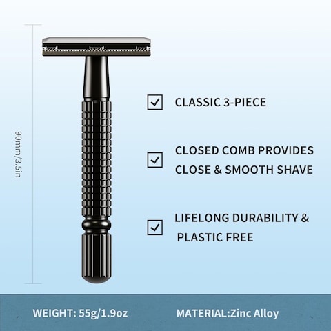 Double Edge Safety Razor Reusable Stainless Metal Wet Shaving Razor with 10 Swedish Platinum Blades for Men Women Barber Bikini Armpit Hair, Matte Gunmetal Black GR131
