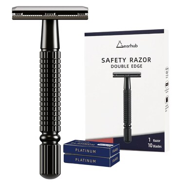Double Edge Safety Razor Reusable Stainless Metal Wet Shaving Razor with 10 Swedish Platinum Blades for Men Women Barber Bikini Armpit Hair, Matte Gunmetal Black GR131