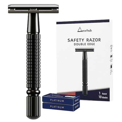 Double Edge Safety Razor Reusable Stainless Metal Wet Shaving Razor with 10 Swedish Platinum Blades for Men Women Barber Bikini Armpit Hair, Matte Gunmetal Black GR131