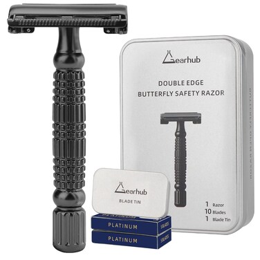 Butterfly Double Edge Safety Razor Reusable Stainless Metal Wet Shaving Razor with 10 Swedish Platinum Blades for Men Women Barber Bikini Armpit Hair, Matte Gunmetal Black GR179
