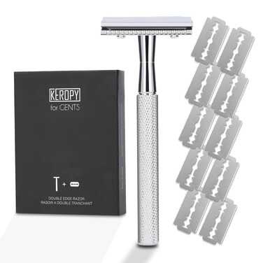 Keropy-Double Edge Safety Razor With 10 Premium Stainless Steel Reusable Single Blade Razors For Men and Women, Smooth Wet Shave Experience, Glossy Silver