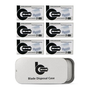30 Count Safety Razor Blades (USA Stainless Steel, Platinum Coated), with 1 Razor Blade Bank, Metal Sliding Cover Blade Disposal Case, Compact Blade Disposal Container for Travel