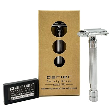 Parker, Butterfly Open Double Edge Safety Razor for Men, 5 Parker Premium Platinum Double Edge Razor Blades Included (82R Chrome)
