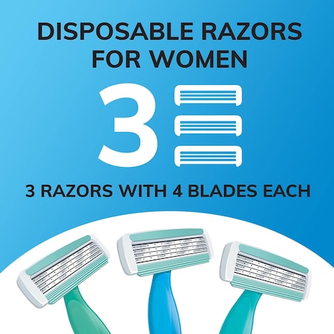 BIC Soleil Comfort 4-Blade Disposable Razors for Women Sensitive Skin Razor for a Smooth and Close Shave, 3 Piece Razor Set (Pack of 2)