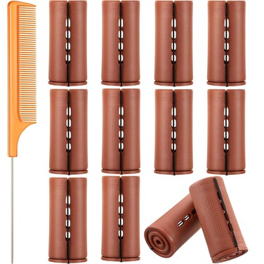 12 Pieces Hair Perm Rods Set Cold Wave Rods Plastic Hair Curling Rollers with Stainless Steel Rat Tail Comb Pintail Comb for Hairdressing Styling Tools(1.57 Inch, Brown)