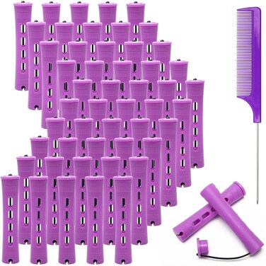 50 Pieces Hair Roller Perm Rods for Natural Hair, Cold Wave Curlers with Elastic Rubber Band, Rollers with Plastic Brush Comb (0.75 Inch, Purple)