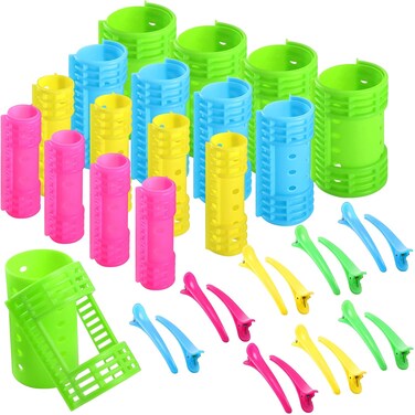 65 Pieces Magnetic Rollers Plastic Rollers Hair Curlers Set 4 Sizes for Long Medium Short Hair, Duck Clips Hairnet Hairdressing Styling Tool