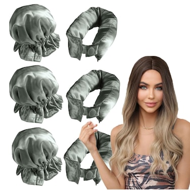 3Sets/6PCS Satin Heatless Hair Curler,Hair Rollers with Hair Caps,Heatless Curlers Headband with Hairnet,Hair Curlers No Heat,Heatless Curling Set For Sleeping Overnight (Green)