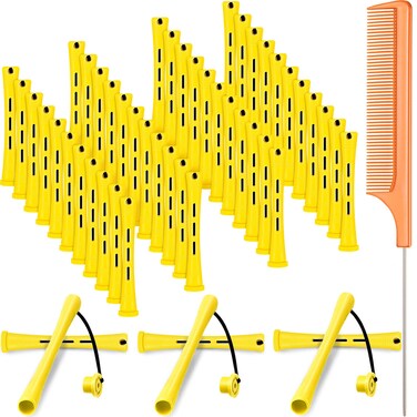 48 Pieces Hair Perm Rods Short Cold Wave Rods Plastic Perming Irons Hair Curling Rollers Curlers with Steel Pintail Comb Rat Tail Comb for Hairdressing Styling Supplies(0.28 Inch,Yellow and Orange)