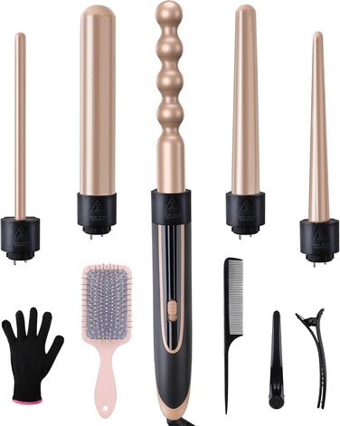 Curling Iron Hair Curler with 5 Interchangeable Barrel Curlings Wand Set with Hair Brush Styling Tool Women Gift for Wife Wavy Curl Salon Ceramic Tourmaline barra de cera para (Champaign Gold V2731)