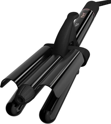 3 Barrel Curling Iron Wand Dual Voltage Hair Crimper with LCD Temp Display - 22mm Ceramic Tourmaline Triple Barrels Temperature Adjustable Protable Hair Waver Heats Up Quickly (Black)