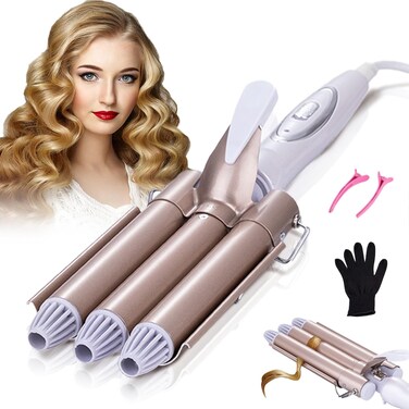 3 Barrel Curling Iron Wand-Triple Hair Waver for Beach Waves Set, 1 Inch Ceramic Tourmaline Triple Barrels, Hair Waving Styling Tools (Champagne Gold)