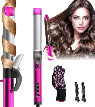 Rotating Curling Iron 1 1/4 Inch, Automatic Curling Wand Self Rotating Hair Curler with Long Barrel up to 430&deg;F with Home Button, 30s Heat-up for Medium/Long Hair (Purple)