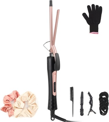 Thin Curling Iron, 3/8 Inch Small Curling Iron Wand for Short &amp; Long Hair, Small Ceramic Barrel Curling Iron with 2 Temperature for Tight Curls, Include Heat Resistant Glove