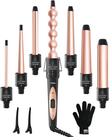 7 in 1 Curling Wand Set: Ohuhu Curling Iron Wand 7Pcs 0.35 to 1.25 Inch Interchangeable Ceramic Barrel Heat Protective Glove 2 Clips Dual Voltage Hair Curler for Girl Women Rose Gold