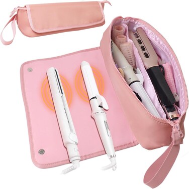 Hair Tools Travel Bag with Heat Resistant Mat, Travel Essentials for Women, Portable Storage Organizer Bag for Hot Tools Straightener Hair Dryer Volumizer Styler Curling Iron Flat Irons(Pink)