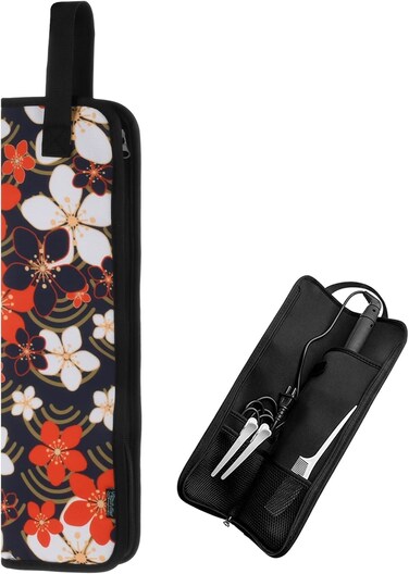 Beautyflier Universal Curling Iron Travel Case, Canvas Heat-Resistant Curling &amp; Flat Iron Holder Travel Case, Hot Curling Iron Holder for Hair Tools Travel Bag or Daily Use (Red Blossom)