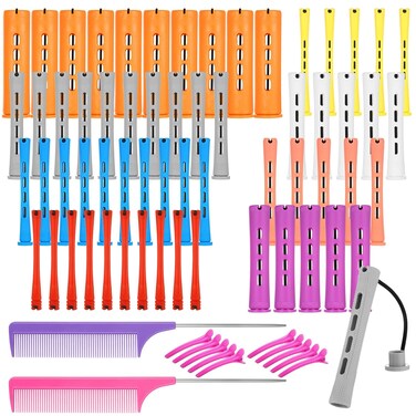 60 Pcs Perming Rods Set - 8 Sizes Cold Wave Rollers with Rat Tail Combs, Clips for Long and Short Natural Hair Styling, Hairdressing Kit