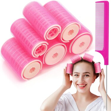 Waydress 6 Pcs Double Layer Bangs Hair Curlers Self Grip Hair Rollers Styling Tools with Rat Tail Comb, 3 Sizes