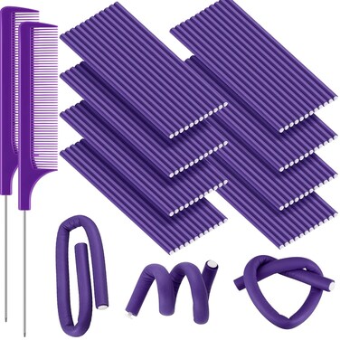 Tigeen 96 Flexible 9.45 Inch Soft Twist Foam Hair Rollers, No Heat Hair Styling with 2 Rat Tail Combs (0.3 In, Purple)