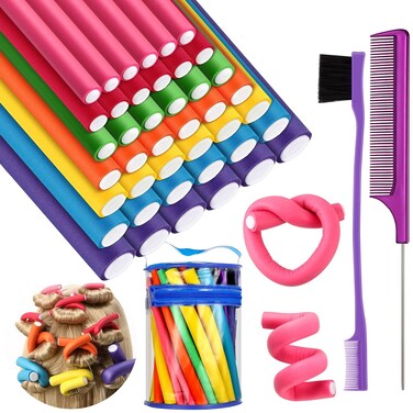 Syhood 44 Pieces Flexible Hair Twist Curling Rods Set, No Heat Hair Curler with Rat Tail Comb and Edge Brush, Hair Styling Tools for Women, 7 Sizes