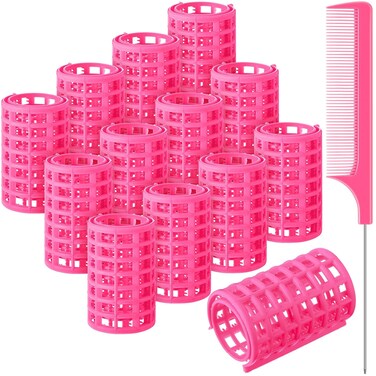 Syhood 12 Pieces Snap Hair Roller, Large Size Plastic Hair Rollers Curlers with Rat Tail Comb for Hairdressing Styling Tools(6.8 x 3.6 cm,Pink)