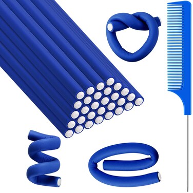 Syhood 30 Pcs 7'' Flexible Curling Rods Twist Foam Hair Rollers Soft Foam No Heat Hair Rods Rollers and 1 Steel Pintail Comb Rat Tail Comb for Women Long Short Hair(Navy Blue,7 x 0.3 Inch)