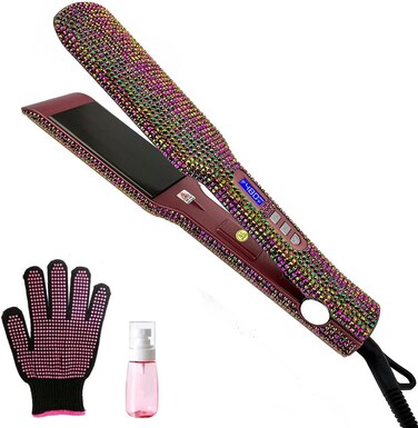 Hair Straightener Ceramic Flat Iron with Gorgeous Rhinestone Bling Crystal Diamond, 2 in 1 Hair Straightener and Curler, 60 Min Auto Shut Off, LCD Temp Display,1.6in Widen Ceramic Plates (Pink)