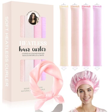 Heatless Curls Overnight Blowout Rods - 4 Pcs No-Heat Hair Curler Set-Soft Curler for Long Hair-With hat and silk scarf suitable for sleeping, mixed color box set