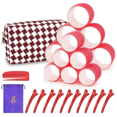 Hair Roller Set 12 pcs Heatless Self Grip Rollers With Clips and Comb, Salon Curlers for DIY Styles, 2 Red Sizes in 1 Set by Sungenol