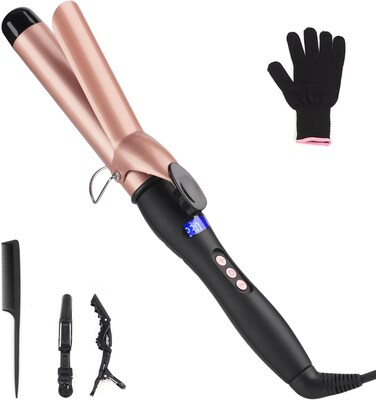 Hair Curling Wand, 32mm Curling Iron, Professional Ceramic Hair Curler Wand Big Curls Adjustable Digital Temperature, Dual Voltage, Auto Shut-Off (with Fixing Clip)