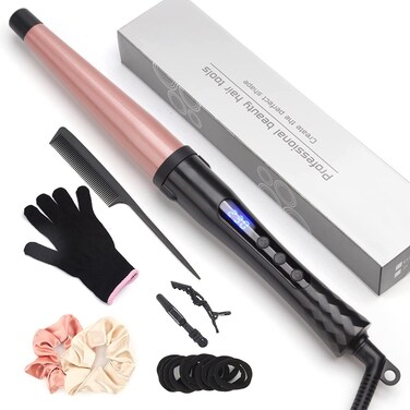 Curling Wand Iron, 1.25 Inch Tapered Curling Wand Large Ceramic Barrel for Natural Curls, Adjustable Temperature, Includes Glove