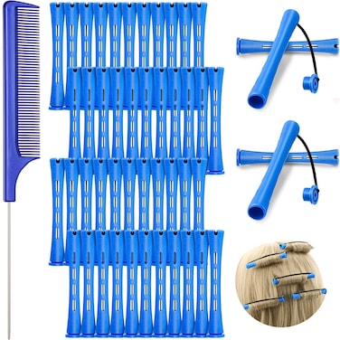 48 Pieces Cold Wave Plastic Curlers with Steel Pintail Rat Tail Comb for Hairdressing and Styling (Blue, 0.35 Inch/ 0.9 cm)