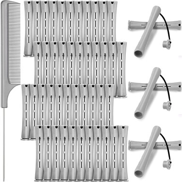 48 Plastic Hair Perming Rods and Curlers with Steel Pintail Comb for Hairdressing and Styling (Gray, 0.59 Inch/ 1.5 cm)