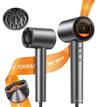 TORRAS Stream Hair Dryer, Space Gray, High-Speed 29.3m/s, 1600W, Hair Care Mode, Ionic Care, 2 Modes, 3 Speeds, 3 Heat Levels, with Diffusers, Aerospace Alluminum