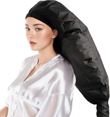 Hair Dryer Attachment Long Bonnet Hood Dryer with Headband, Reduces Heat Around Ears and Neck, Use for Hair Styling, Hair Drying, Curling and Deep Conditioning, Black