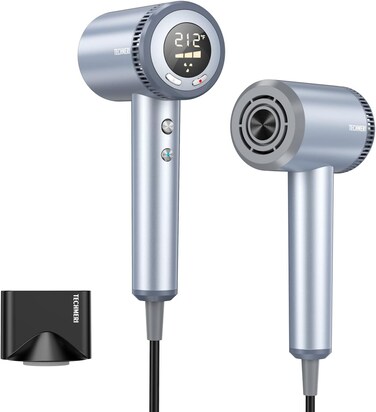 Ionic-Hair-Dryer, TECHMERI Hair Blow Dryer Brushless 110,000 RPM Fast Drying, Salon Blow Dryer with LED Screen, Travel Hair Dryer for Women with Nozzle, 4 Heating/3 Speed