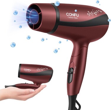 CONFU Portable Travel Hair Dryer, 1600W Ceramic Tourmaline Ionic Hair Dryer, Compact Folding Lightweight Hair Dryers for Women Kids(Red Brown