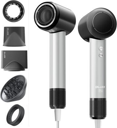 PLUZZ Pro Professional Hair Dryer with 3M Power Cord, 140,000 RPM Brushless Motor High-Speed, 500M Negative Ions, Quiet &amp; Lightweight, Diffuser &amp; Holders Attachments &ndash; Salon/Home Use
