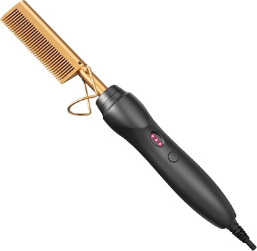 Hot Comb Hair Straightener Heat Pressing Combs - Ceramic Electric Hair Straightening Comb, Curling Iron for Natural Black Hair Beard Wigs Holiday Gift - Glod