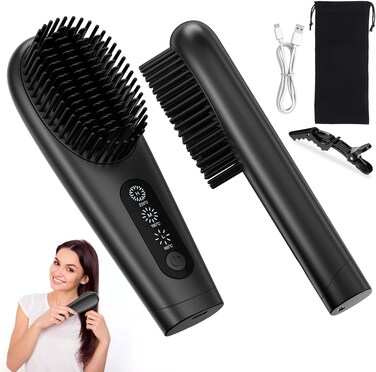 Cordless Hair Straightener Brush, Jhua Portable Hair Straightener Comb with 1 Hair Clip, 15 Million Negative Ion Rechargeable Travel Hair Brush Straightener with 3 Temperature Settings &amp; LED Display