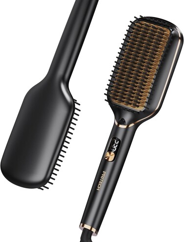 PRITECH Hair Straightening Brush Ionic 250-450&deg;F Fasting Heating Anti-Scald &amp; Auto-Off, Wide Plates Flat Iron Comb Teeth Dual-Voltage Brush Straightener Hot Brush Ionizer Anti-Frizz (Black)