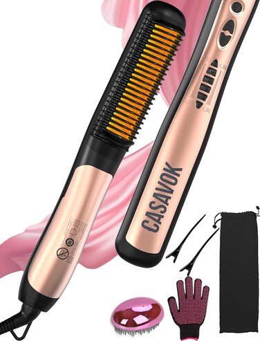 Hair Straightener Brush with 6 Temp Settings,2-in-1 Brush Straightener for Women,20S Fast Heat,Dual Voltage Straightener Comb,Anti-Scald &amp; Auto-Shut Off Hair Brush Straightener for Home &amp; Travel