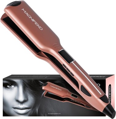 Professional Flat Iron Hair Straightener Wide Plate &amp; Digital Display - Dual Voltage Titanium Hair Straighteners (Rosegold)