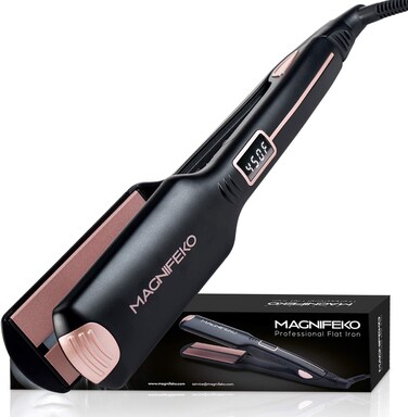 Professional Flat Iron Hair Straightener Wide Plate &amp; Digital Display - Dual Voltage Titanium Hair Straighteners (Black Rosegold)