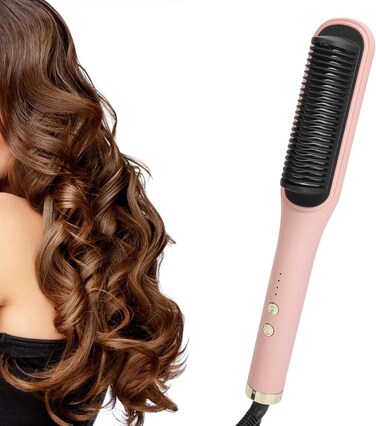2 in 1 Negative Ion Heated Styling Brush and Flat Iron - Rapid Heating Comb for Hair Straightening and Salon Styling